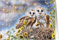 Husband Happy Birthday Owl Couple with Stars and Sunflowers Pretty Fun card