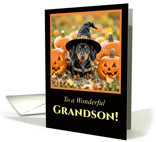 Grandson Happy Halloween with a Cute Dachshund Puppy Dog Pumpkins card