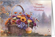 November Birthday Pretty Cupcake with Basket of Flowers Nature Custom card