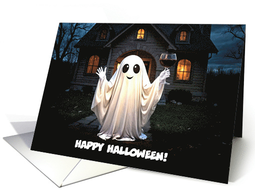 Halloween from Our House or Home to Yours Cute Ghost Wine Custom card