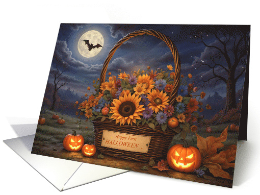 First 1st Halloween in New Home House Cute Basket of Fall Flowers card