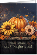 Son and Daughter in Law Happy Halloween Pumpkins Flowers Custom card