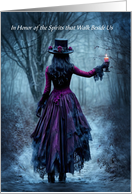Samhain Woman with Candle on a Misty Path through The Woods Custom card
