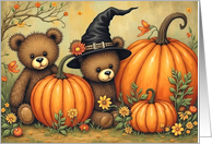 Happy Halloween Cute Teddy Bears Pumpkins Flowers Witch Hat card
