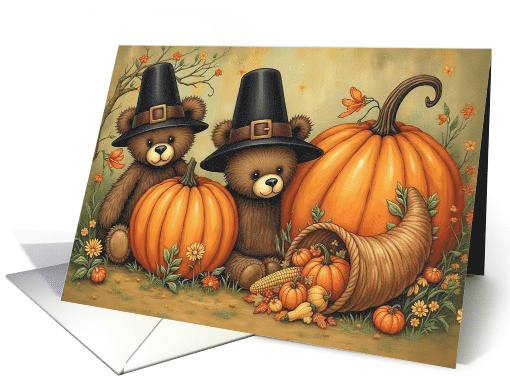 Happy Thanksgiving Cute Teddy Bears Cornucopia Pumpkins card (1944600)