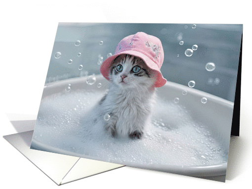 Thinking of You Cute Cat Kitten in a Bubble Bath Pink Bathing Hat card