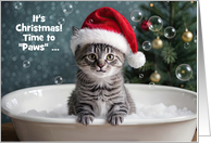 Cute Gray Tabby Cat in a Bubble Bath with a Santa Hat Xmas Tree Custom card