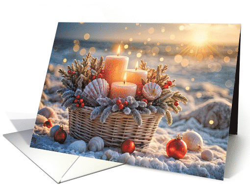 Christmas Holidays Peace Beach Basket of shells Candles Garland card
