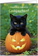 Goddaughters First Halloween Cute Black Kitten Jack O Lantern Custom card
