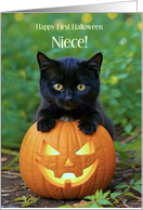 Niece First Ever Halloween Cute Black Kitten and Pumpkin Custom card