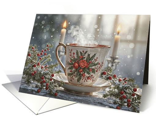 Seasons Greeting Christmas Teacup Candles and Berries Pretty card