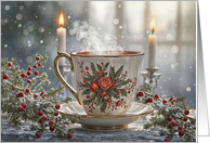 Seasons Greeting Christmas Teacup Candles and Berries Pretty card