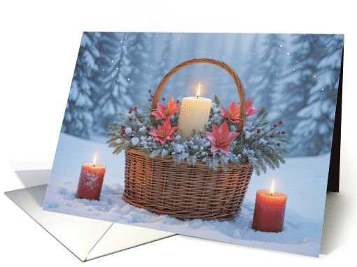 Christmas Seasons Greetings Candles and Poinsettias in the Snow card