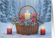 Christmas Seasons Greetings Candles and Poinsettias in the Snow card