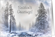 Seasons Greetings Christmas with Winter Landscape Trees Stream Custom card