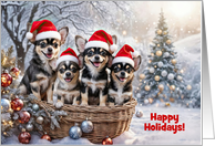 Christmas Happy Holidays Cute Basket of Happy Puppies Custom
