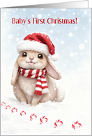 Babys First 1st Christmas with Cute Bunny in Snow Candy Canes Custom