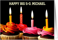 Happy 50th Big 5 0 with Cupcakes and Candles Custom Name card