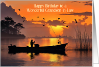 Grandson in Law Happy Birthday Fishing with Sunset Custom card