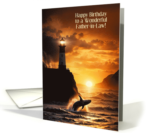 Father in Law Happy Birthday with Whale Lighthouse Sunset Custom card