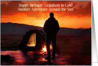 Grandson in Law Happy Birthday Outdoors Camping at Sunset Custom card