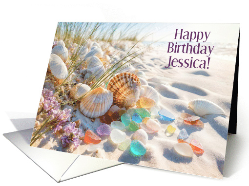Birthday Custom Name Pretty Beach Scene with Seashells and Glass card