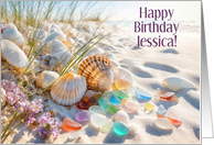 Birthday Custom Name Pretty Beach Scene with Seashells and Glass