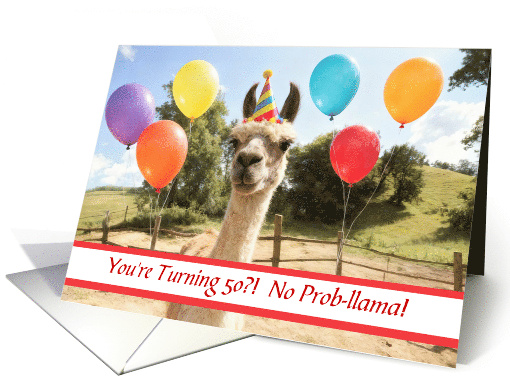 50th Birthday Cute and Funny Llama with Party Hat Balloons Custom card