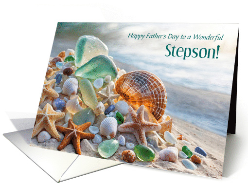Stepson Happy Fathers Day with Seaside Image of Shell Custom card