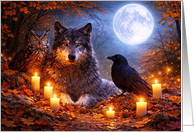 Autumn Equinox Wolf Owl Raven Moon and Candles Fall Colors card