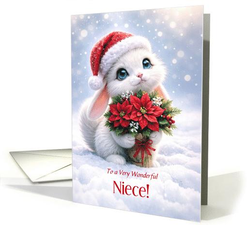 Niece Cute Christmas Holiday with White Bunny in Snow Custom Text card