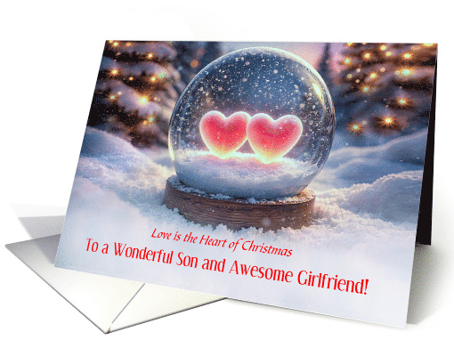 Son and Girlfriend Hearts a Snow Globe Outdoors Christmas Custom card
