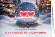 Son and Girlfriend Hearts a Snow Globe Outdoors Christmas Custom card