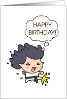 Cartoon Kicking karate Champ With Thought Bubble Birthday card