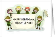 Girls Wearing Scout Uniforms Happy Birthday Troop Leader Banner card