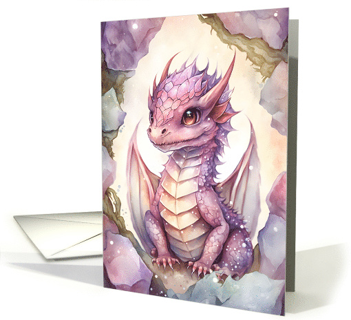 Cute Pink Baby Birthday Dragon in A Crystal Cave card (1766442)