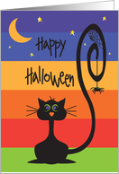 Hand Lettered Halloween Black Cat on Colorful Stripes and Spider card