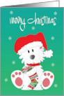 Hand Lettered Christmas with Fluffy Dog in Santa Hat with Stocking card