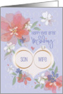 Hand Lettered Floral Wedding for Son and Wife with Two Wedding Rings card