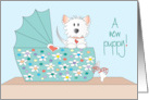 Hand Lettered New Puppy Announcement Puppy in Floral Bassinette card