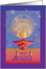 Hand Lettered Diwali Decorated Diya with Radiating Flame and Sparkles card