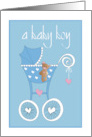 Hand Lettered First Baby Son Congratulations Blue Stroller and Bear card