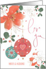 Hand Lettered Christmas Niece & Husband Poinsettias and Ornaments card