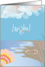 Hand Lettered Seashell Decorated Heart on Sandy Beach with Waves card