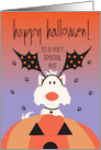 Halloween For Veterinarian with Fluffy Dog in Pumpkin with Bat Ears card