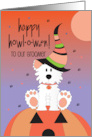 Halloween For Pet Groomer with Fluffy Dog on Pumpkin with Witch Hat card