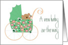 Hand Lettered Christmas for Expectant Parents Bear in Green Stroller card