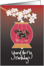 Hand Lettered Year of the Pig Birthday with Floral Pig in Red Lantern card