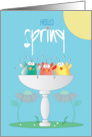 Hand Lettered Hello Spring Trio of Birds Taking Bath in Birdbath card