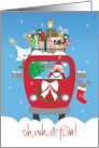 Hand Lettered Oh What Fun Red Santa Van Topped with Wrapped Gifts card